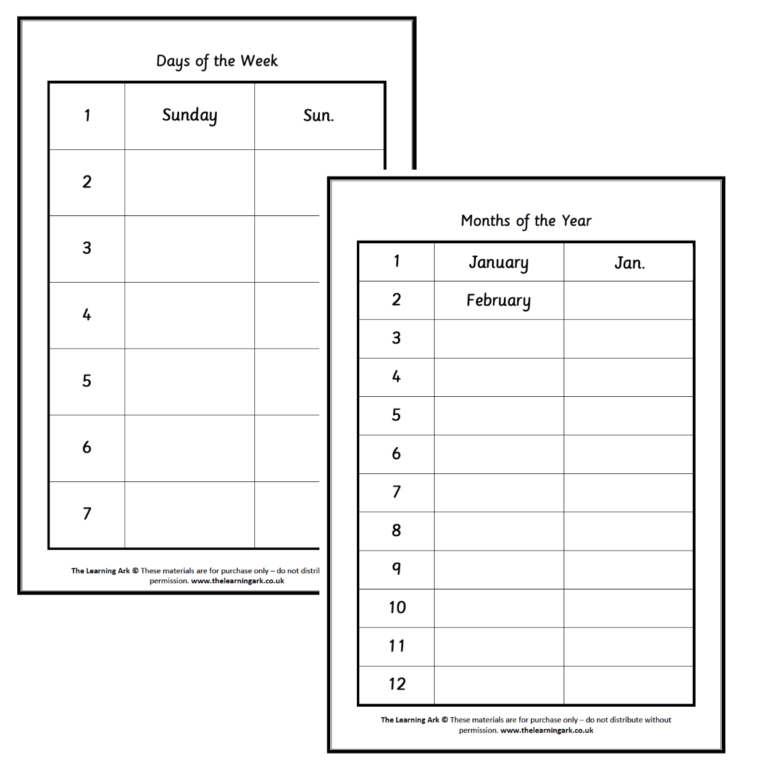 Sort Versions Days/week Sorting Charts for Days of the Week and Months of the Year – Rumi ...